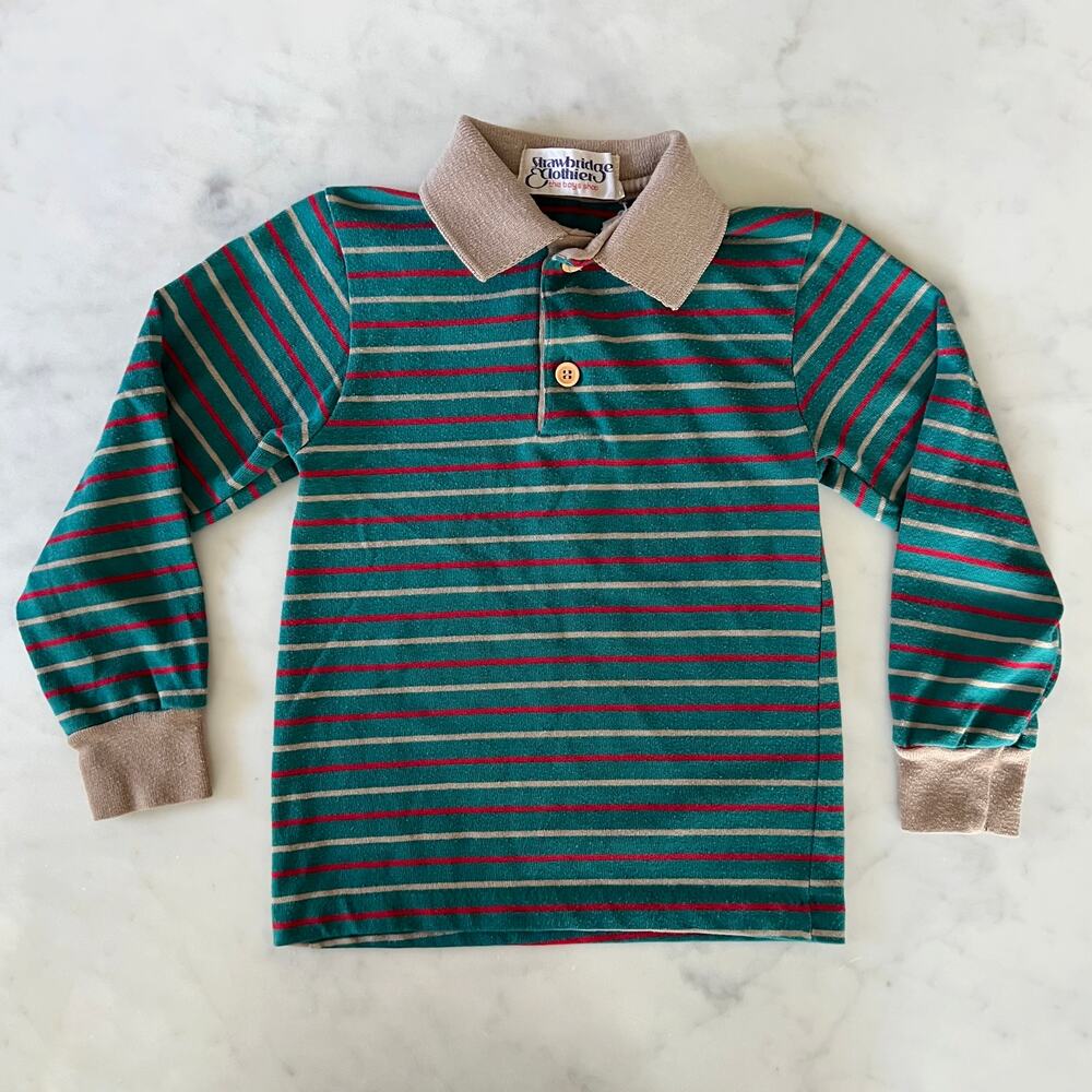 Vintage 80s Kids' Green and Beige Striped Long Sleeve Polo Shirt / XS S
